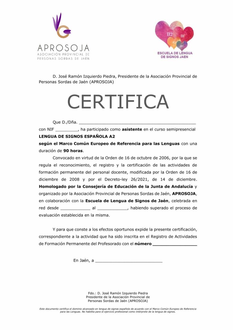 Certificado Lse A2 Jandalucia V2023